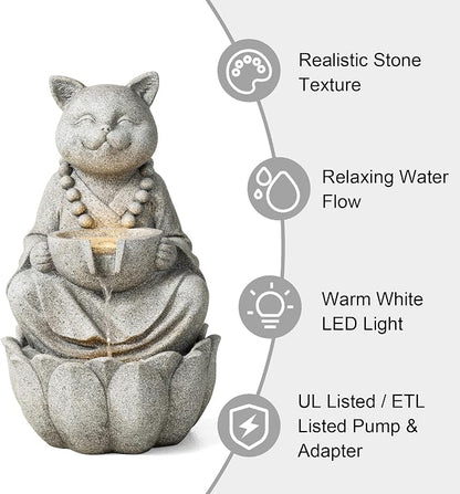 Glitzhome Water Fountain Outdoor, Outdoor Fountain with Lights, Zen-Style Water Fountain with Pump, 22" H 2-Tiered Concrete Cat Statue Polyresin Water Feature for Home Patio Garden Backyard Decor