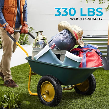Simpli-Magic Premium Dual-Wheel Home Utility Yard Wheelbarrow Garden Cart w/Built-in Stand for Lawn, Gardening, Grass, Soil, Bricks, and Construction