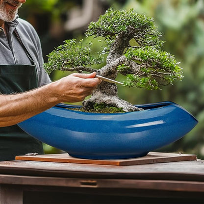 Bonsai Tree Pot 18 Inch - Ceramic Succulent Pots Large Bonsai Planter for Indoor Outdoor Plants Decorative Plant Pot with Drainage Hole Flower Pot for Home Garden Room Decor Blue