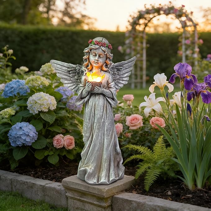 Angel Garden Statue Outdoor Decor, Angel Garden Figurine Hold Bird's Nest with Solar Lights Waterproof Resin Yard Art Decoration Lawn Ornament Sculpture for Outside Patio Yard Gift