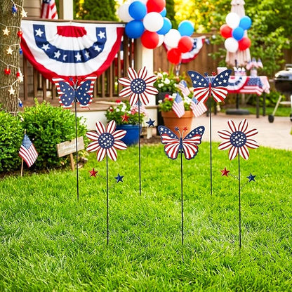 6Pack 4th of July Decorations Outdoor, 18.6Inch Patriotic Metal Flowers Butterfly Decorative Garden Stakes for Independence Day, Americana Patriotic Yard Signs Decor for Garden Lawn Porch