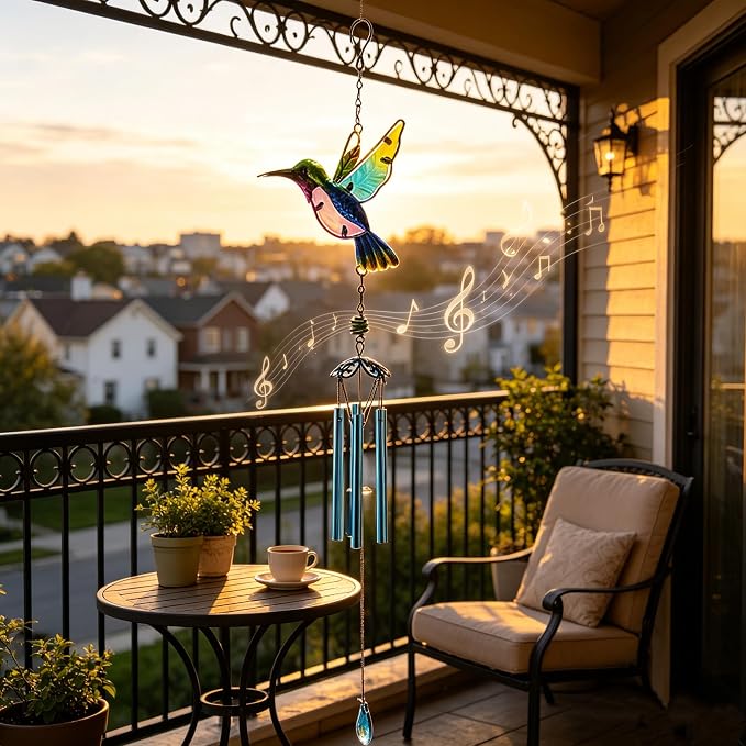 Wind Chimes Hummingbird, Garden Wind Chime for Home, Party, Festival Decor, Glass Garden Patio Yard Porch Decoration Indoor/Outside, Lifelike Hummingbird Deep Tone Style