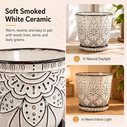 Gepege 6 Inch Beaded Ceramic Planter Set of 2 with Drainage Hole and Saucer for Plants, Indoor-Outdoor Large Round Succulent Orchid Flower Pot (Smoked Gray, Inner-pots not Larger Than 5 Inch)