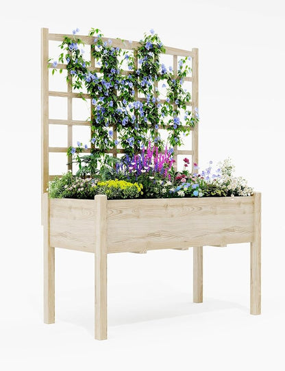 Garvee Wooden Raised Garden Bed with Trellis, 46.46x23.23x65.35IN Elevated Planter Box with Legs for Climbing Plants, Vegetables & Flowers