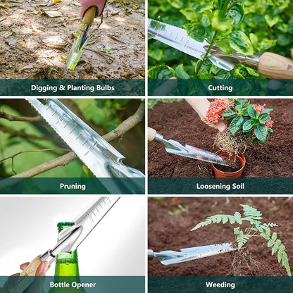 Berry&Bird Garden Hand Weeding Trowel, 5-in-1 Stainless Steel Weeder Puller | 13.2'' Garden Weeding Tool with Wooden Handle, Weed Puller & Digging Knife for Weeder Removal Planting Transplanting Cutting