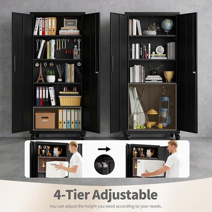73" H Metal Cabinet with Wheels, Metal Storage Cabinet with 2 Doors and 4 Shelves, Steel Locking File Cabinet, Lockable Storage Cabinet, Tool Cabinet for Home, Office,Garage, School, Black
