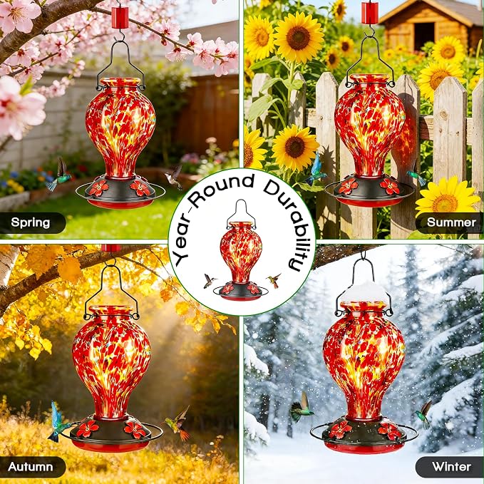 Hand Blown Glass Hummingbird Feeders for Outdoors Hanging, 24oz Wild Bird Nectar Feeder with Ant Moat and Perch, Bee-Resistant Ports, Garden Decor, Gifts for Women Mom, 1 Pack, Red Polka Dots