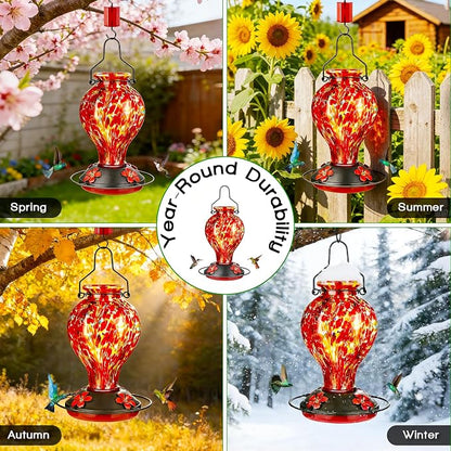 Hand Blown Glass Hummingbird Feeders for Outdoors Hanging, 24oz Wild Bird Nectar Feeder with Ant Moat and Perch, Bee-Resistant Ports, Garden Decor, Gifts for Women Mom, 1 Pack, Red Polka Dots