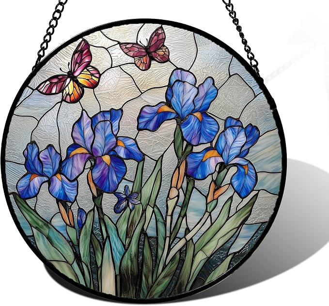 DASTOLL Stained Glass Window Hanging, Blue Iris Flowers Butterfly Suncatcher Diamond Colorful Glass Panel Sun Catchers Decor for Birthday for Women, Men, Wife, Aunt, and Mom 11.8 in