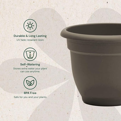 Bloem Ariana 20" Plastic Self-Watering Planter, Peppercorn, 2-Pack | Self-watering disk at the bottom of each pot that acts as a water wick and reservoir for optimal plant health