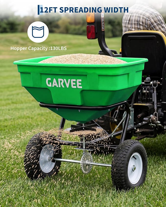 Tow Behind Broadcast Spreader, 125 LBS Large Capacity Universal Hook Tow & Push Lawn Spreader, 9.8 ft Spreading Width 30 Adjustable Settings, Compatible with UTV ATV Riding Mower & Most Tractors