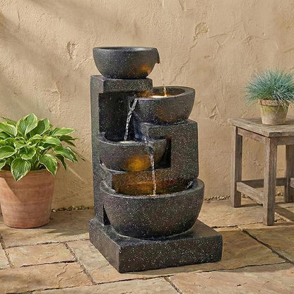29" H Terrazzo Style Outdoor Water Fountain, 4-Tier Cascading Bowls with Stacked Stone Design and LED Lights, Freestanding Resin Water Feature for Garden Patio Porch