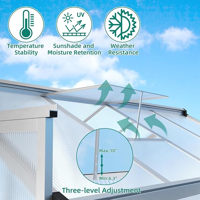 Garvee 6x8ft Walk-in Greenhouse, Heavy Duty Large Outdoor Green House | Polycarbonate Garden Greenhouse with Roof Vent, Lockable Smooth-Gliding Sliding Door & Aluminium Frame for Backyard, Sliver