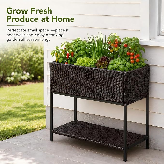 Raised Garden Bed - 3x1.5x2.5 ft Rattan Raised Bed Wicker Elevated Raised Garden Bed with Underneath Tool Storage Rack Shelf, Outdoor Raised Flower Planter Box
