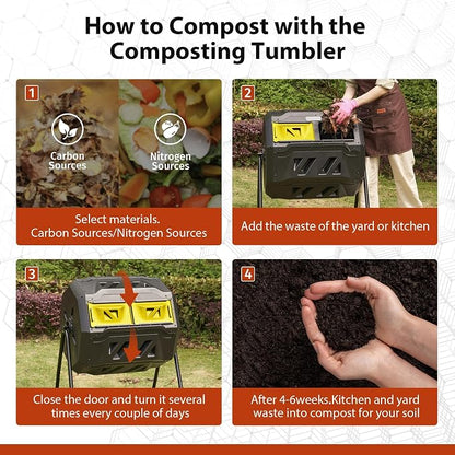Compost Bin, 43-Gal Dual Chamber Composter Tumbler, Black Yellow | Steel Frame with 2 Sliding Door and Aeration System, 360° Rotating, Tumbling Composting Bin for Kitchen, Garden, Yard