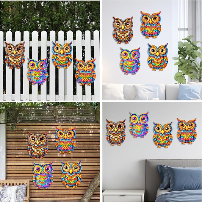 Junware Metal Owl Wall Decor, 4Pcs Owl Iron Wall Art Sculptures Hanging Sculpture Decoration. Outdoor Fence Art for Home Garden, Fence, Patio, Yard, Bedroom Outside Gifts for Adults