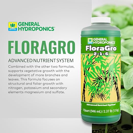 General Hydroponics FloraGro 2-1-6 Plant Food, Part of FloraSeries Advanced Nutrient System for Plants, 1 Quart