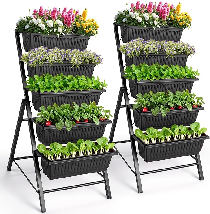 Suyncll 2 Pack Vertical Raised Garden Bed, 5 Tiers Elevated Planter Box with Drainage System and 4 Hooks, 4FT Vertical Planter for Herbs Vegetables Flowers, Black