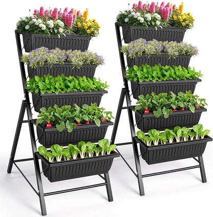Suyncll 2 Pack Vertical Raised Garden Bed, 5 Tiers Elevated Planter Box with Drainage System and 4 Hooks, 4FT Vertical Planter for Herbs Vegetables Flowers, Black