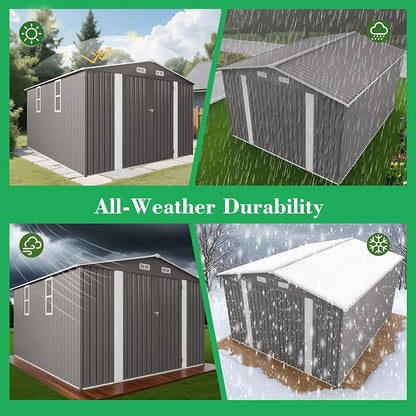 10x12FT Outdoor Storage Shed,Waterproof Large Metal Garden Shed with Double Door and Two Translucent Windows,Vents,Tool Shed for Backyard Patio Lawn Poolside,Gray
