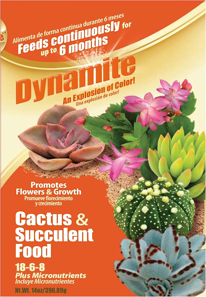 Dynamite Cactus & Succulent Food 18-6-8 - Plant Food for Indoor/Outdoor Cacti & Succulents - Continuous Feeding Up to 6 Months - Promotes Growth & Flowering - Includes Micronutrients