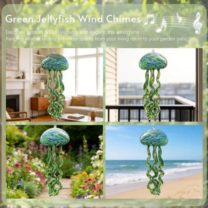Sea Blown Glass Wind Chimes for Outside Jellyfish Ocean Wind Chimes 10 Inch | Ocean Beach Themed Crystal Wind Chime Gift Sea Glass Wind Chimes Hanging Decor for Patio, Window & Garden