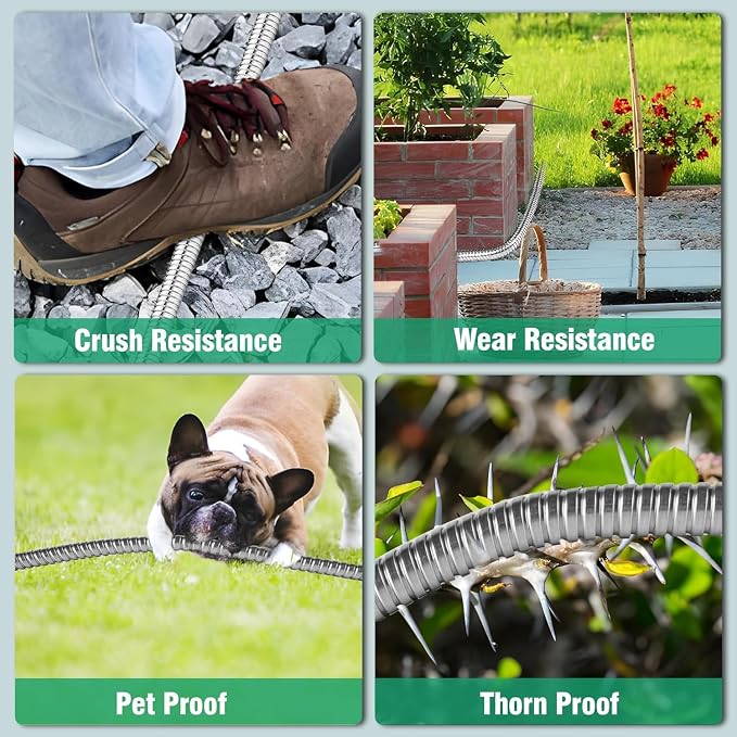 50Ft Metal Garden Hose durable stainless steel Water Hose, flexible, lightweight hose is resistant to kinks and tangles.With 10-way nozzle, strong 3/4” metal fittings, and a Stop Valve.