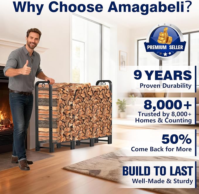 Amagabeli Firewood Log Rack Outdoor 4ft Heavy Duty Logs Holder for Fireplace Indoor Outdoor Adjustable Wood Racks for Fire Wood Holder Metal Pile Stand Storage Stacker Organizer Black