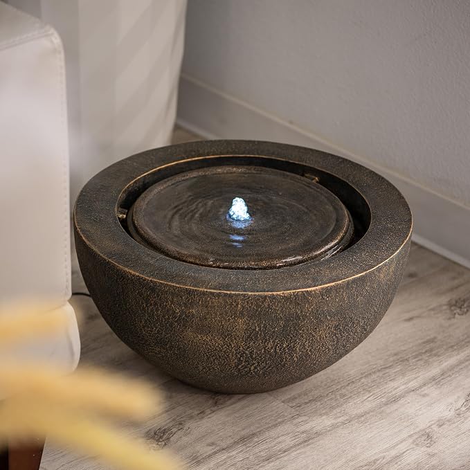 XBrand 9.65" H Round Sphere Water Fountain Indoor/Outdoor with LED Light, Polyresin Bubbler Feature for Patio, Yard, Home Décor - Bronze, Tranquil Serene Garden Accent