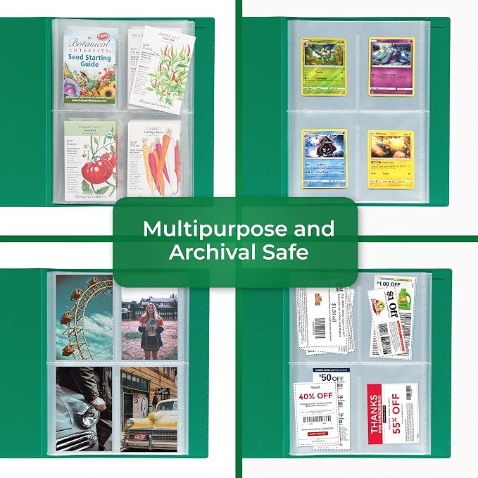 Samsill Seed Organizer, 4 Pocket Reusable Garden Storage Protector, 3.5" x 5" Clear Sleeves, Planner, 32 Pockets, Holds Up to 64 Packets, Green