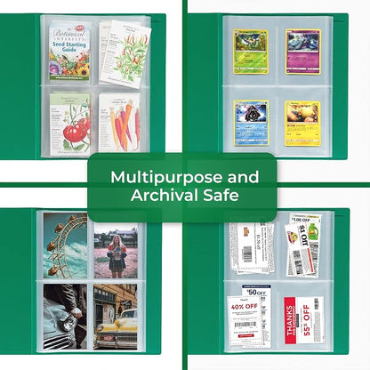 Samsill Seed Organizer, 4 Pocket Reusable Garden Storage Protector, 3.5" x 5" Clear Sleeves, Planner, 32 Pockets, Holds Up to 64 Packets, Green