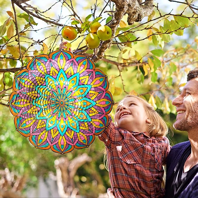 Mandala Wind Spinner - Purple Tulip Design | 12 Inch Stainless Steel Hanging Wind Sculpture & Catcher, 3D Kinetic Yard Art Garden Decor for Indoor & Outdoor | Meaningful Gift Idea