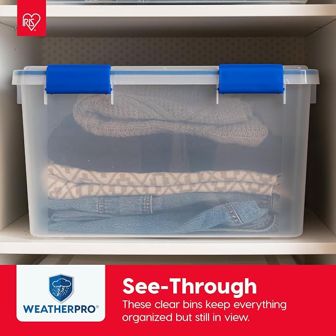 IRIS USA WeatherPro 16 Qt Storage Bins with Lids, 3 Pack, BPA-Free Plastic Gasket Box with Tight Latch and Seal, Stackable Nestable Tote Tub - Clear/Blue