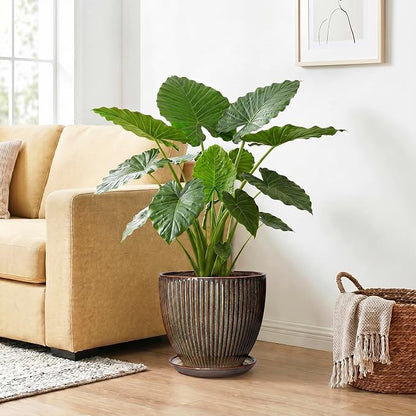 Ceramic Pots for Plants, 10 Inch Planters for Indoor Plants, Decorative Planter with Drainage Hole and Saucer, Round Indoor Plant Pots, Modern Planter, House Decor, Women Men Gifts, Retro Brown
