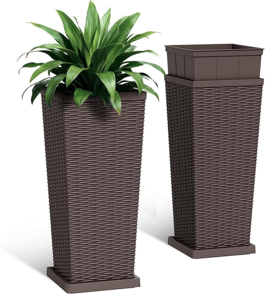 Set of 2 30 Inch Tall Plastic Planters with Drainage Saucers, Rattan Pattern UV Resistant Indoor Outdoor Flower Pots for Patio Garden Balcony Decor, Brown