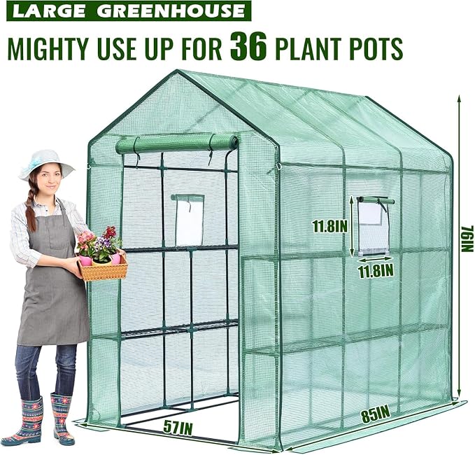 Greengro Greenhouse, 57 x 85 x 76'' Greenhouses for Outdoors, Portable Greenhouse with Mesh Side Windows, PE Cover, 8 Shelves, Heavy Duty Walk in Green House for Backyard Garden Indoor Outside, Green