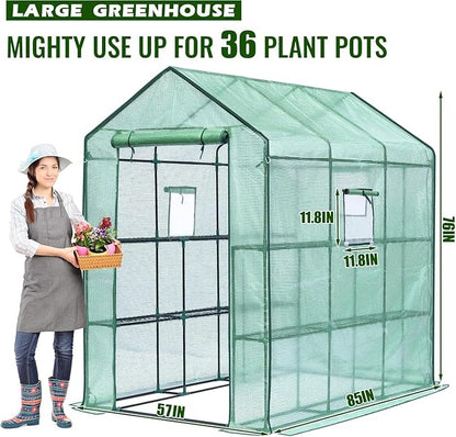 Greengro Greenhouse, 57 x 85 x 76'' Greenhouses for Outdoors, Portable Greenhouse with Mesh Side Windows, PE Cover, 8 Shelves, Heavy Duty Walk in Green House for Backyard Garden Indoor Outside, Green