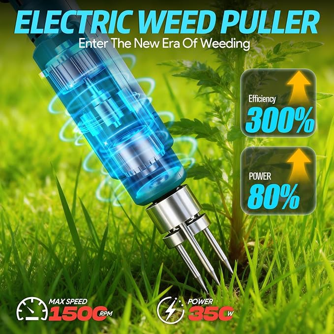 Electric Stand Up Weed Puller Tool, 21V Battery Powered w/2pcs 1500mAh with 1500 RPM High-Torque Motor, Heavy Duty Battery Powered Garden Weeder 3-Claw Steel Head for Dandelion Lawn Garden Yard, Blue
