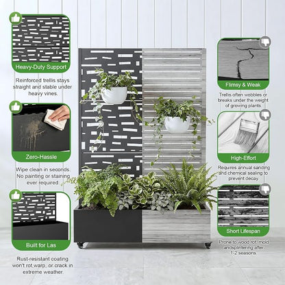 Casaphoria Metal Raised Garden Bed with Trellis and Wheels, 72"x47"x16" Planter Box for Climbing Plants, Vegetables & Vines, Features Drainage Holes and Privacy Screen (Black-Gerald)