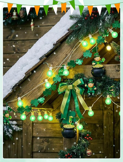 LED St. Patrick's Day String Lights, 25Ft St Patricks Decorations Outdoor | 25+2 G40 Round Bulbs, Connectable, Hanging Patio Lights Shatterproof for Indoor Home Decor Party, White Wire, Ceramic Green