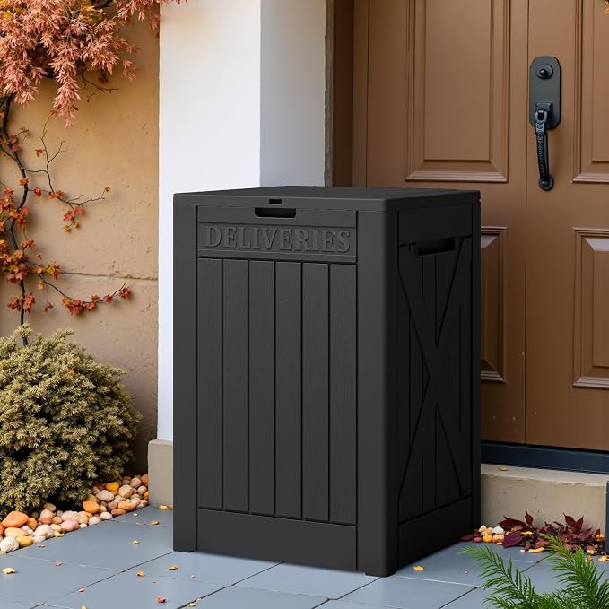 Greesum 48 Gallon Outdoor Package Delivery Box with Lock, Waterproof Secure Parcel Drop Box for Porch, Double-Wall Resin Storage, Black