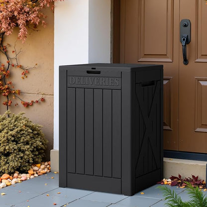 Greesum 48 Gallon Outdoor Package Delivery Box with Lock, Waterproof Secure Parcel Drop Box for Porch, Double-Wall Resin Storage, Black