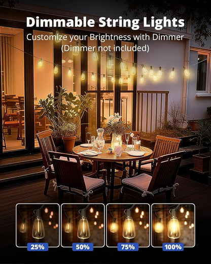 Outdoor String Lights 50FT, Patio Lights Outdoor Waterproof with 27 Bulbs | Shatterproof ST38 Edison Bulbs, Outside Hanging Light for Porch, Garden, Backyard, Deck, Balcony, Decor, 2700K Dimmable