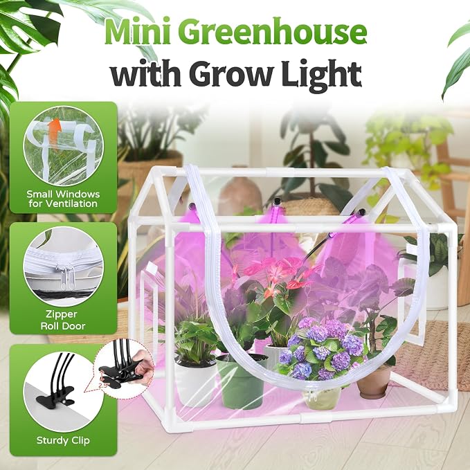 Mini Greenhouse with Grow Light, 25.6"x15.7"x20" Hard-Shell Indoor Tabletop Greenhouse for Seed Starting, Smart 3-Head Full Spectrum Plant Light with Timer, Crystal Clear Plant Nursery Kit
