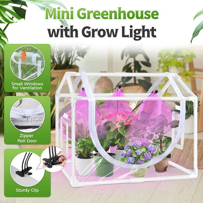 Mini Greenhouse with Grow Light, 25.6"x15.7"x20" Hard-Shell Indoor Tabletop Greenhouse for Seed Starting, Smart 3-Head Full Spectrum Plant Light with Timer, Crystal Clear Plant Nursery Kit