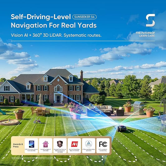 Sunseeker S4 LiDAR Robot Lawn Mower for Up to 0.25 Acre (1000 m²), Vision AI + 360° 3D LiDAR Navigation, Wire-Free Virtual Boundary, Systematic Cutting, 42% Slope, App Control, 60 dB Quiet Mowing