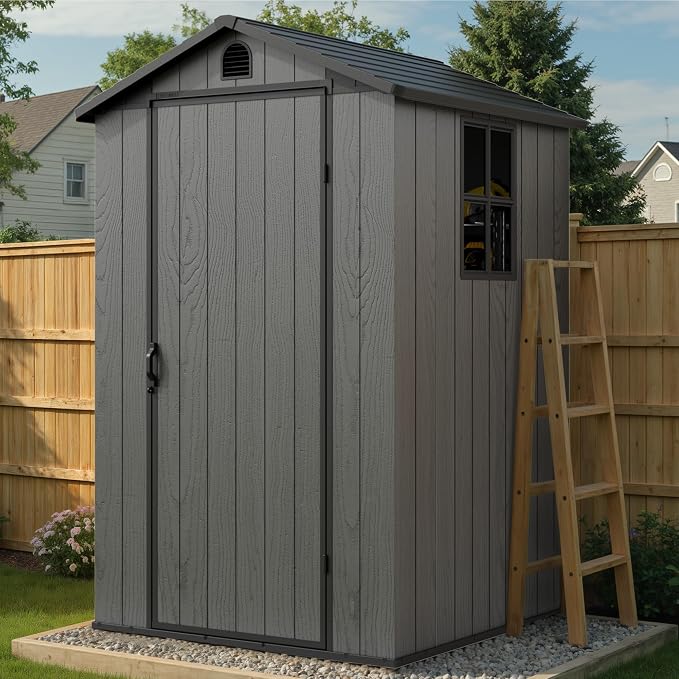 Greesum 4x4FT Plastic Storage Shed with Floor, Resin Outdoor Storaged Sheds with Lockable Door, All Weather Durable Tool Shed with Window and Vent, for Garden, Patio, Yard, Dark Gray