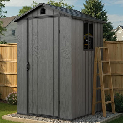 Greesum 4x4FT Plastic Storage Shed with Floor, Resin Outdoor Storaged Sheds with Lockable Door, All Weather Durable Tool Shed with Window and Vent, for Garden, Patio, Yard, Dark Gray