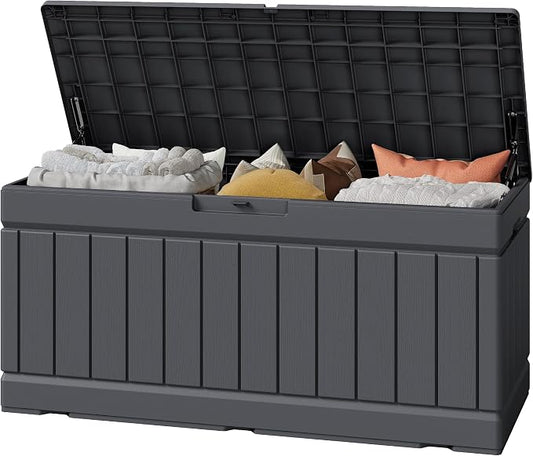 Greesum Outdoor Storage Box 82 Gallon Storage Bin with Lid for Patio Furniture, Garden Tools, Pool Supplies, Waterproof and UV Resistant, Lockable, Gray
