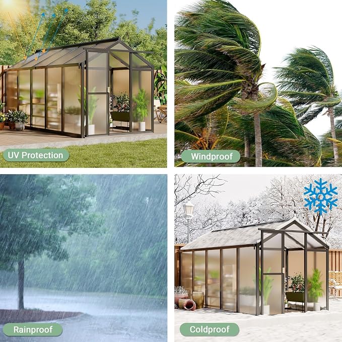 6x10 FT Greenhouse, Outdoor Sliding Door, Polycarbonate Greenhouse with Aluminum Frame, Lockable Door and Ajustable Roof Vent for Backyard, Outside Garden Backyard, Patio, Black